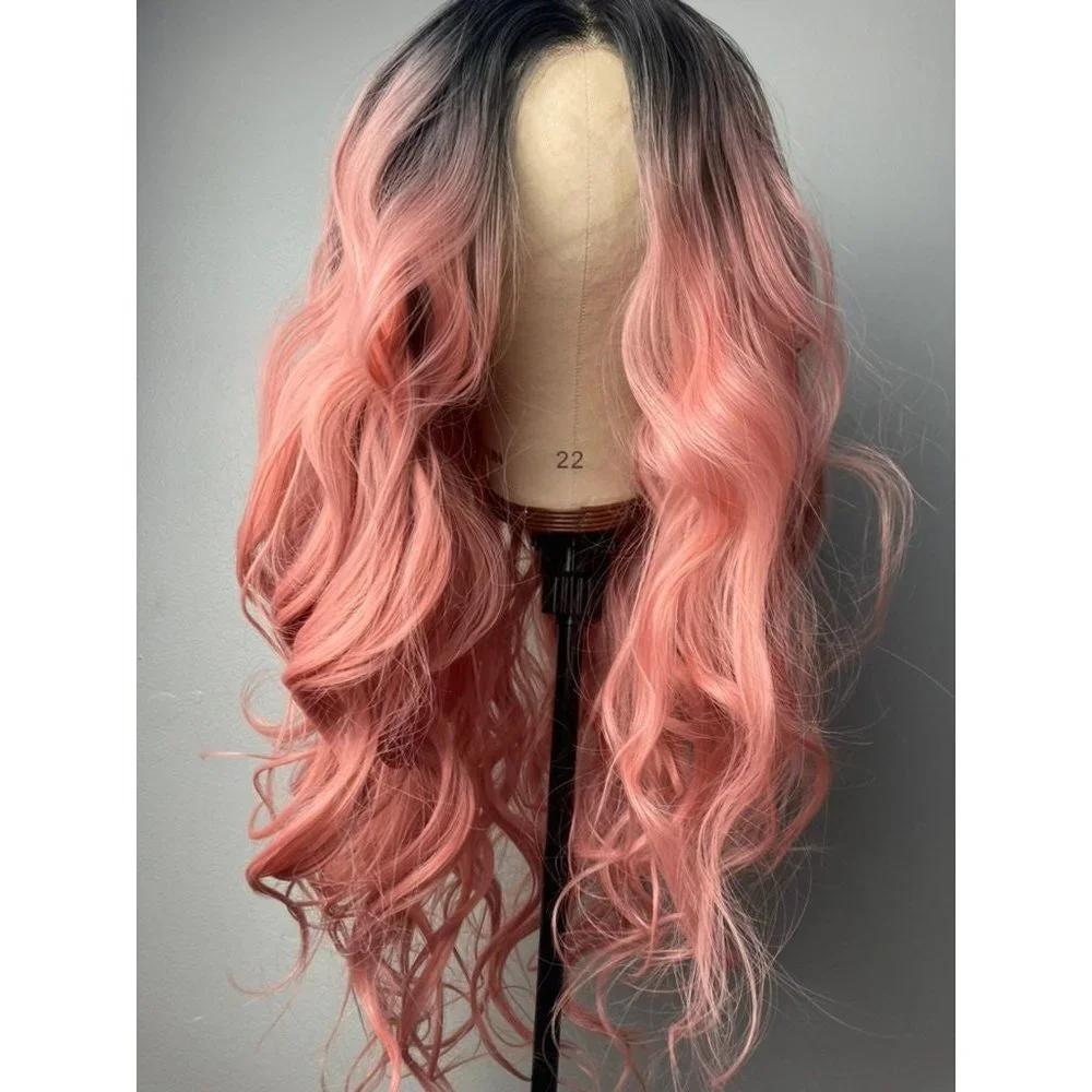 Black Root Peach Pink Wig